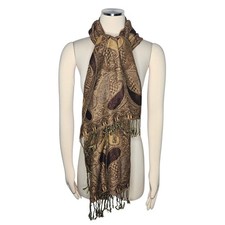 Pashmina Silk Blend Paisley Scarf Shawl Brown Gold Fringed Boho Wrap