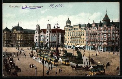 Ansichtskarte Frankfurt a. M., Bahnhofsplatz mit Café und Strassenbahn 