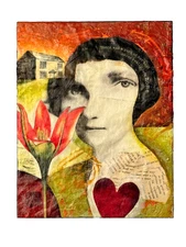 Original Mixed Media Collage Portrait – Woman w Flower & Abstract Landscape