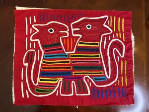 Vintage Kuna Mola Hand Stitched Textile Panel Panama Guna Folk Dogs? Animals 