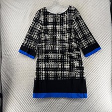 Eliza J Black White Print Dress 3/4 Sleeve Lined Career Professional Exposed Zip