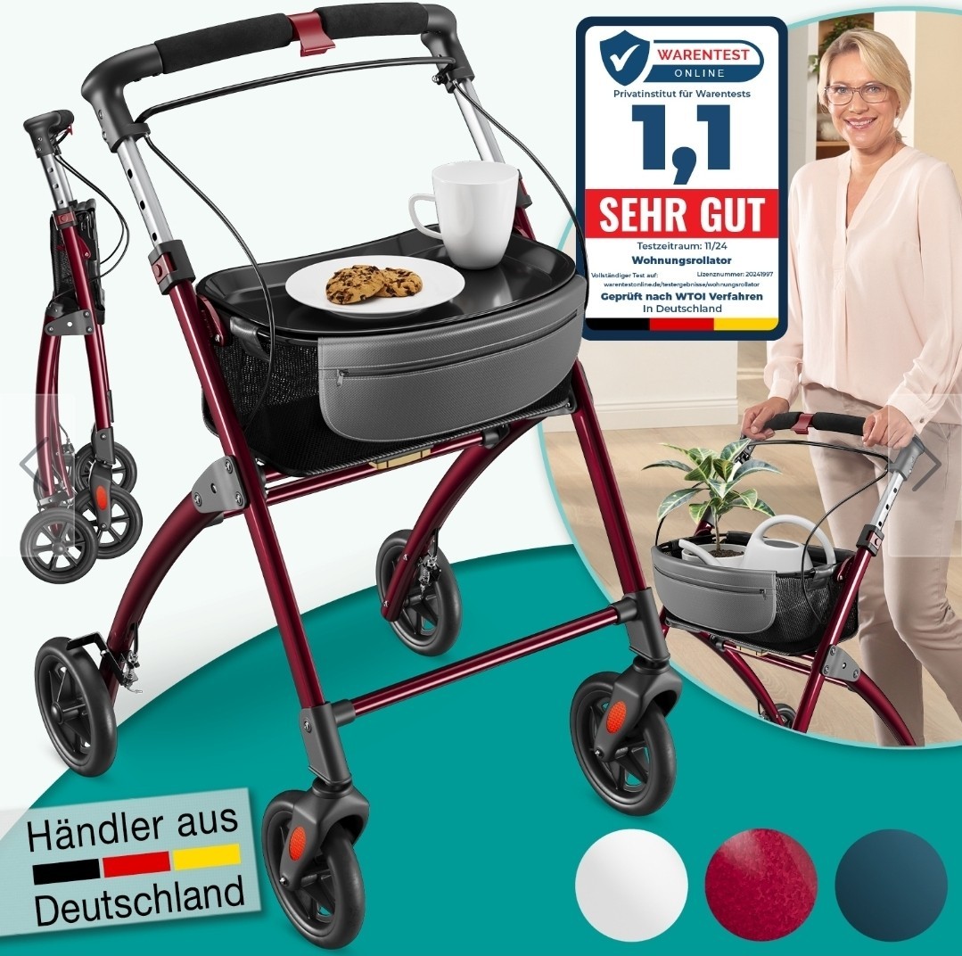 ELONEO Wohnungsrollator »Premium« 54cm breit, faltbar und leicht, Tablett ROT