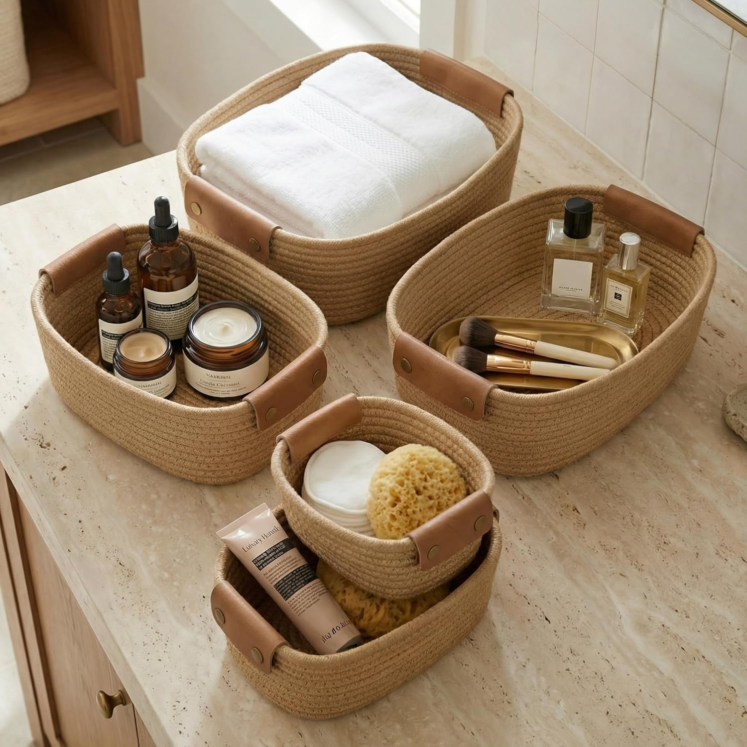 Beautiful Storage Basket Set of 5 - Sturdy Jute Rope Baskets for Shelves Are Per