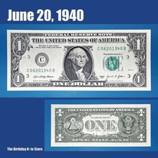 June 20, 1940 Birthday Anniversary $1 One Dollar Bill Serial Number 06201940