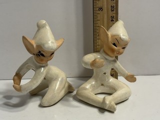 Vintage Xmas 1958 Lot Of 2 Holt Howard Cermic Elf Pixie Candle Huggers Figurines