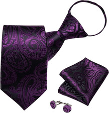 Silk Zipper Ties for Men,Paisley Solid Plaid Pre-tied Tie and Pocket Square Cuff