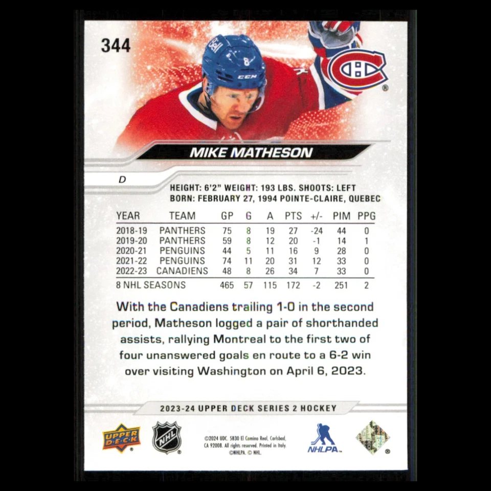 Mike Matheson #344 2023 Upper Deck Montreal Canadiens Hockey Card NHL NM - Image 2 of 3