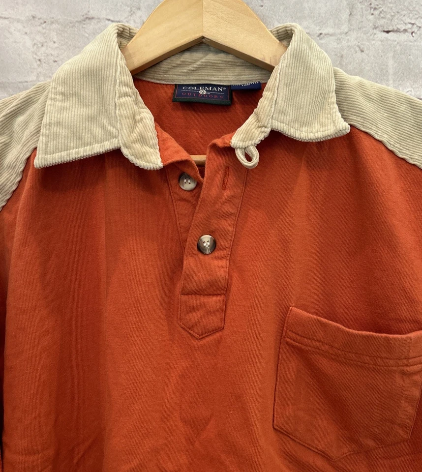 Camisa Coleman Hombres XL Vintage Polo Pullover Pana Campamento Cuello Lazo Naranja Tostado Foto 3 de 4