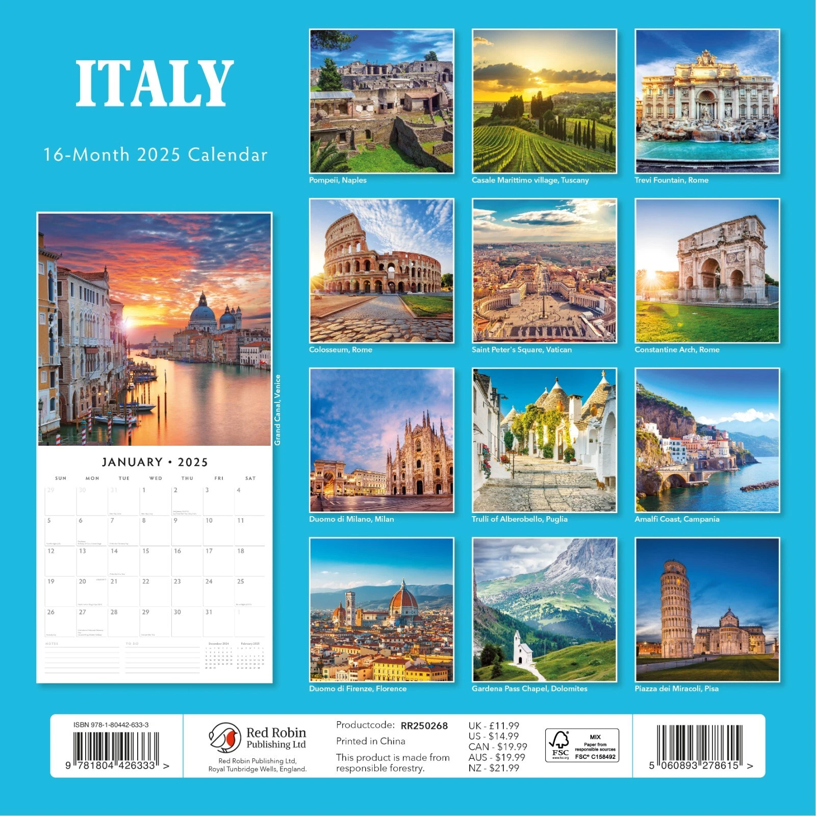 Italy 2025 Square Wall Calendar