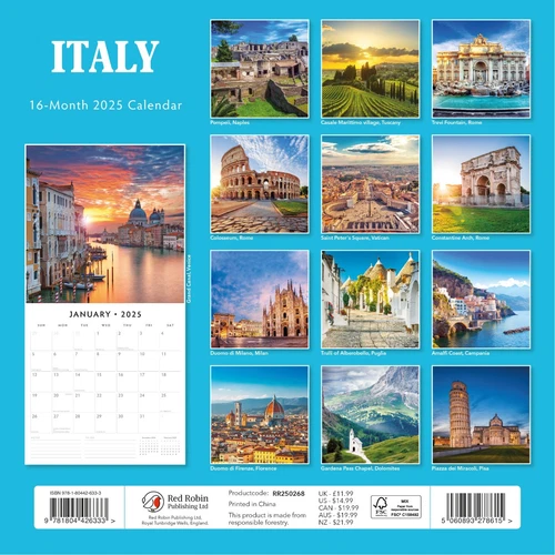 Italy 2025 Square Wall Calendar