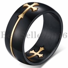 Men's Black Stainless Steel Gold Tone Christian Cut Out Cross Ring Size 7-14