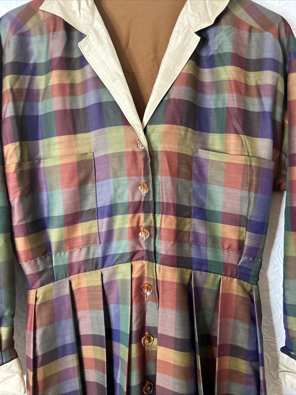 Vintage Green Gingham Button Down Collared Lined … - image 5