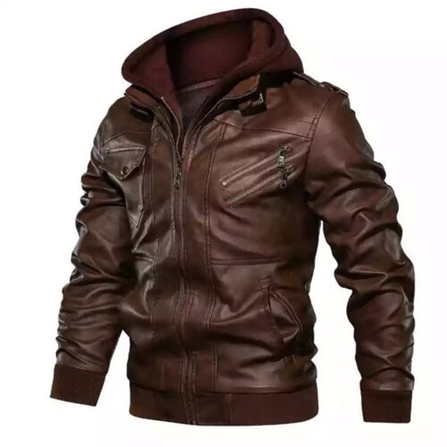 Windproof Mens Hooded Leather Jacket Autumn Casual Slim Fit Zip Up Coat Winter - Picture 8 of 13