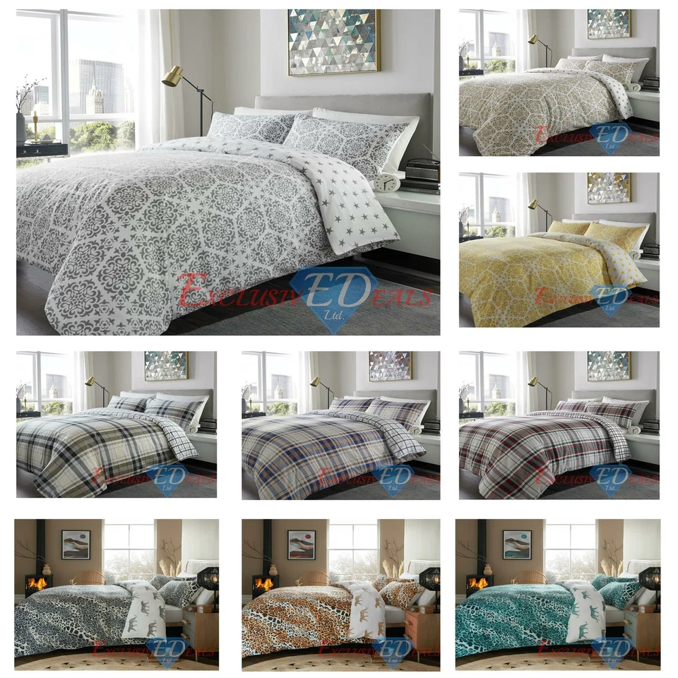 Flannelette Printed Duvet Cover Set 100% Brushed Cotton Reversible & Pillowcases