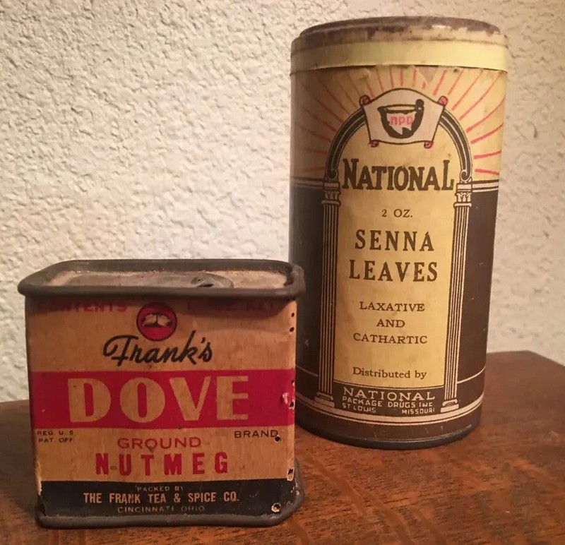 Antique Frank’s Dove Ground Nutmeg Tin And National Senna Leaves Canister RARE!