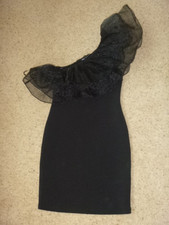 ZARA Ruffled One Shoulder Black Bodycon Party Dress size Small