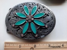 Crysanthemum Belt Buckle -Stamped Metal 3 1/2 inches long