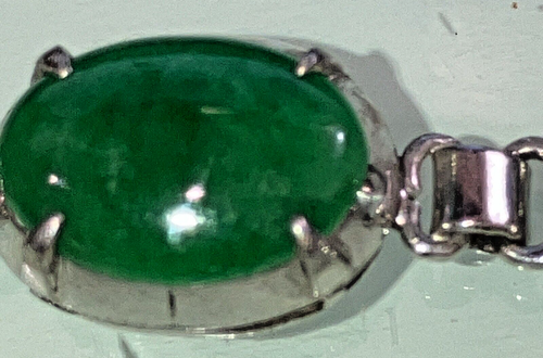 Vintage 14K White Gold Bracelet, 5 Pieces Green Oval Cabochon Cut Jade 6 1/4" - Picture 9 of 18