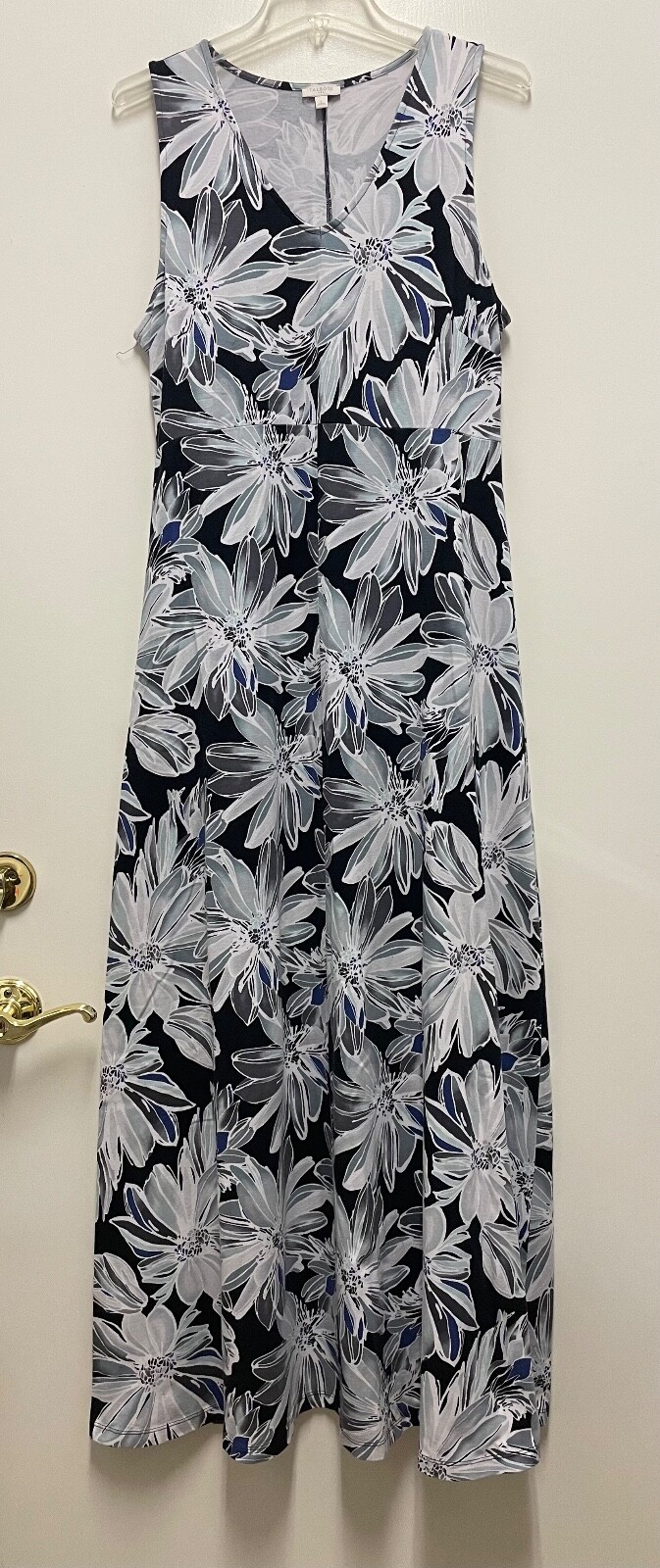 TALBOTS MAXI DRESS-Black/Gray Cotton/Modal Knit Empire Sleeveless, Floral, Large-image
