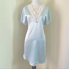 Vintage Honors Intimate Nightgown Satin Aqua Blue Sheer Lace Medium/Large