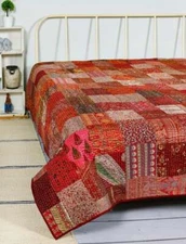 Silk Patola Patchwork Indian Handmade Queen Cotton Kantha Quilt Throw Bedspread