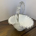 Fenton Art Glass Silver Crest Beautiful Glass Basket Milk Glass 7.25” Tall