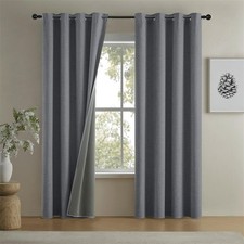 2 Panels Faux Linen Curtains Grommet Top Blackout Drapes, Dark Grey