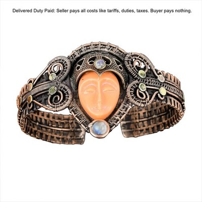 Copper Orange Carved Stone Gemstone Rainbow Moonstone Boho Art Deco Cuff Jewelry