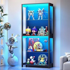 Aauro 4 Tier LED Glass Display Cabinet Curio Case Removable Shelves Black
