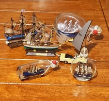 Lot of 6 Vtg  Ship In A Bottle & Wooden Model Sailing Ships Nautical Collection 