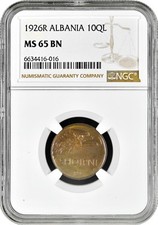 Albania 10 qindar leku 1926 R, NGC MS65 BN,  Kingdom of Albania (1925 - 1938) 