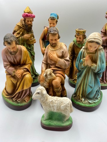 Vintage 12 pezzi di grandi dimensioni. Statuine presepe in gesso - Foto 6 di 7