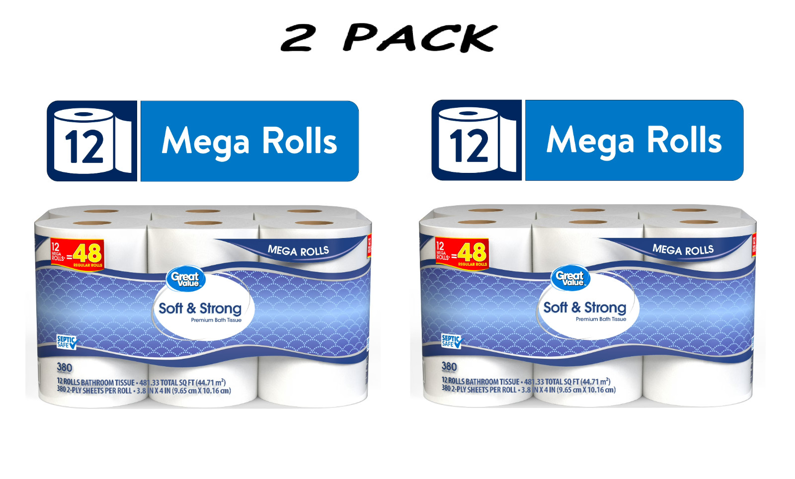 (2 PACK) Great Value Soft & Strong Premium Toilet Paper, 12 Mega Rolls