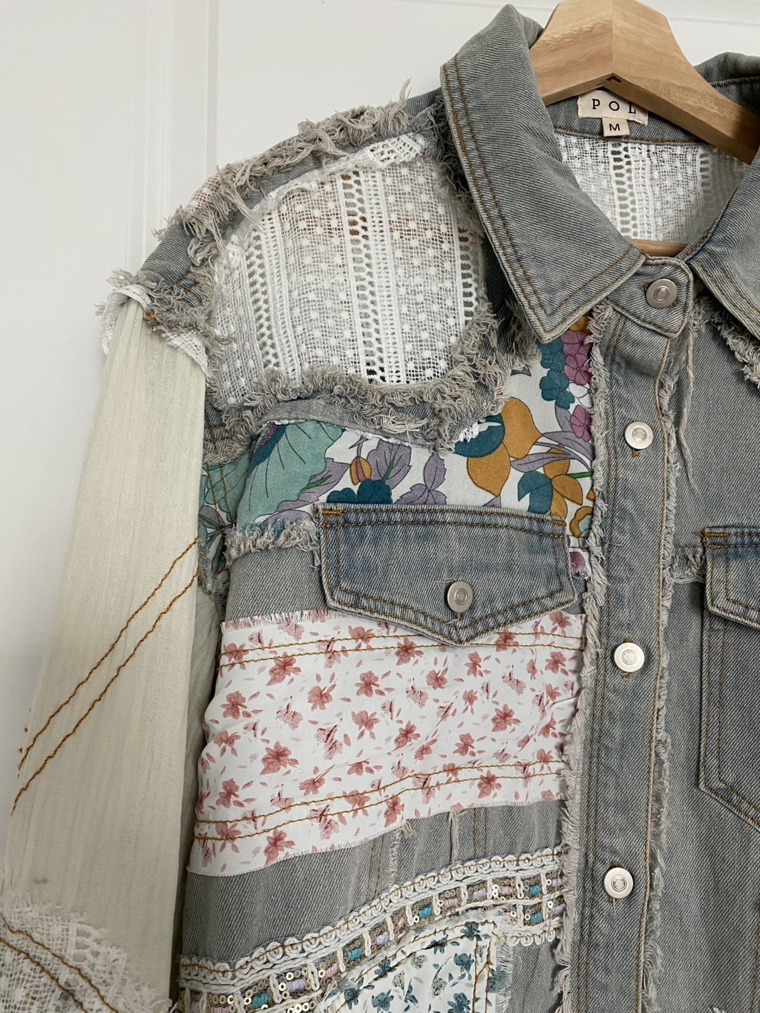 POL Denim Jacket Women's M Patchwork Embroidered … - image 4