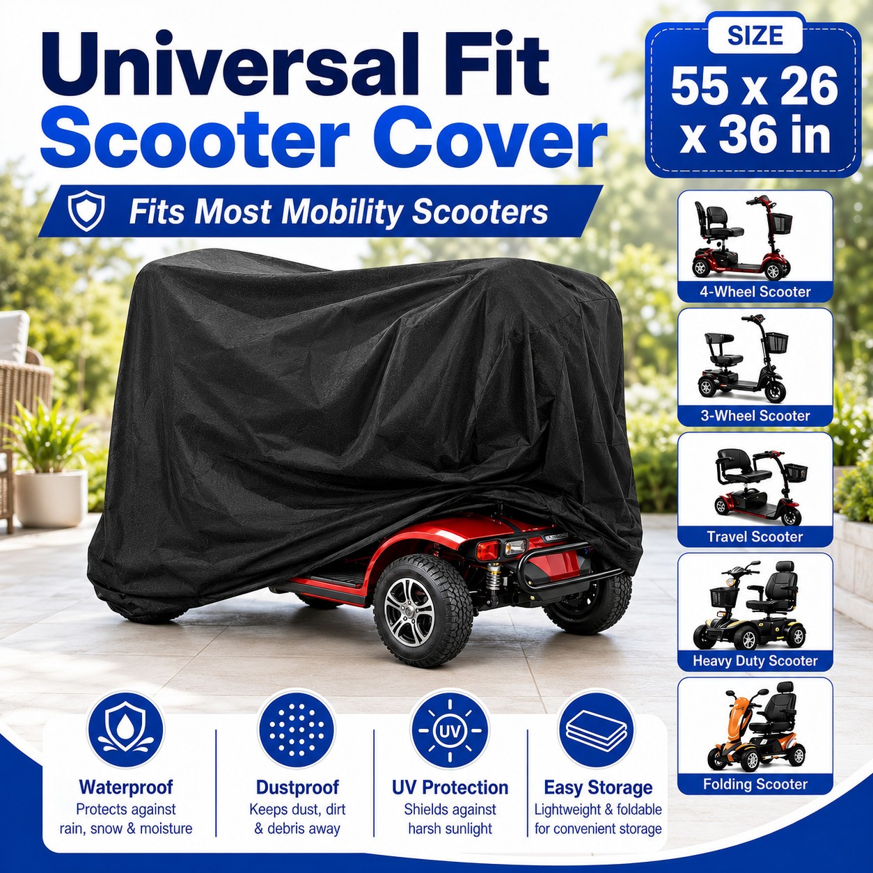 55in Heavy Duty Waterproof Mobility Scooter Wheelchair Cover Storage Rain UV Sun