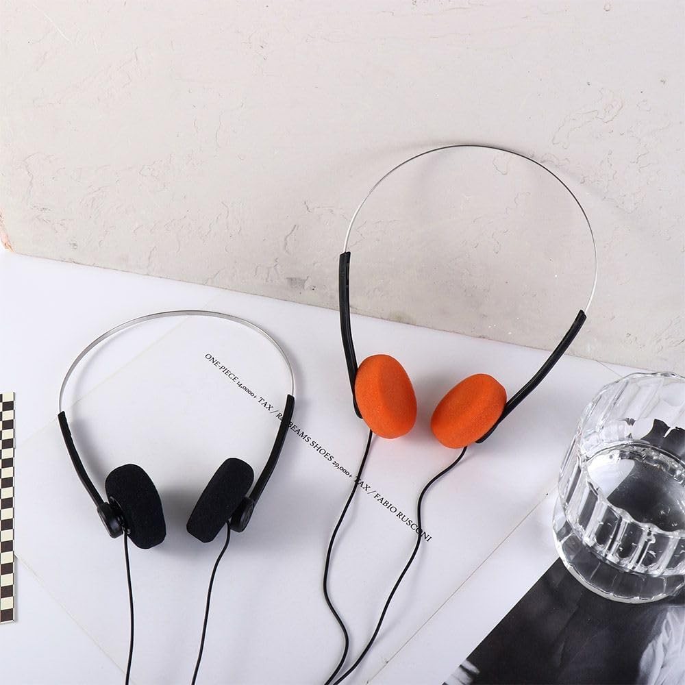 2Pcs Orange Retro On-Ear Headphones,Wired Stereo Headphones, Walkman 