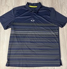 Oakley Polo Shirt Mens Golf Short Sleeve Navy Blue Yellow White Stripe Size XL