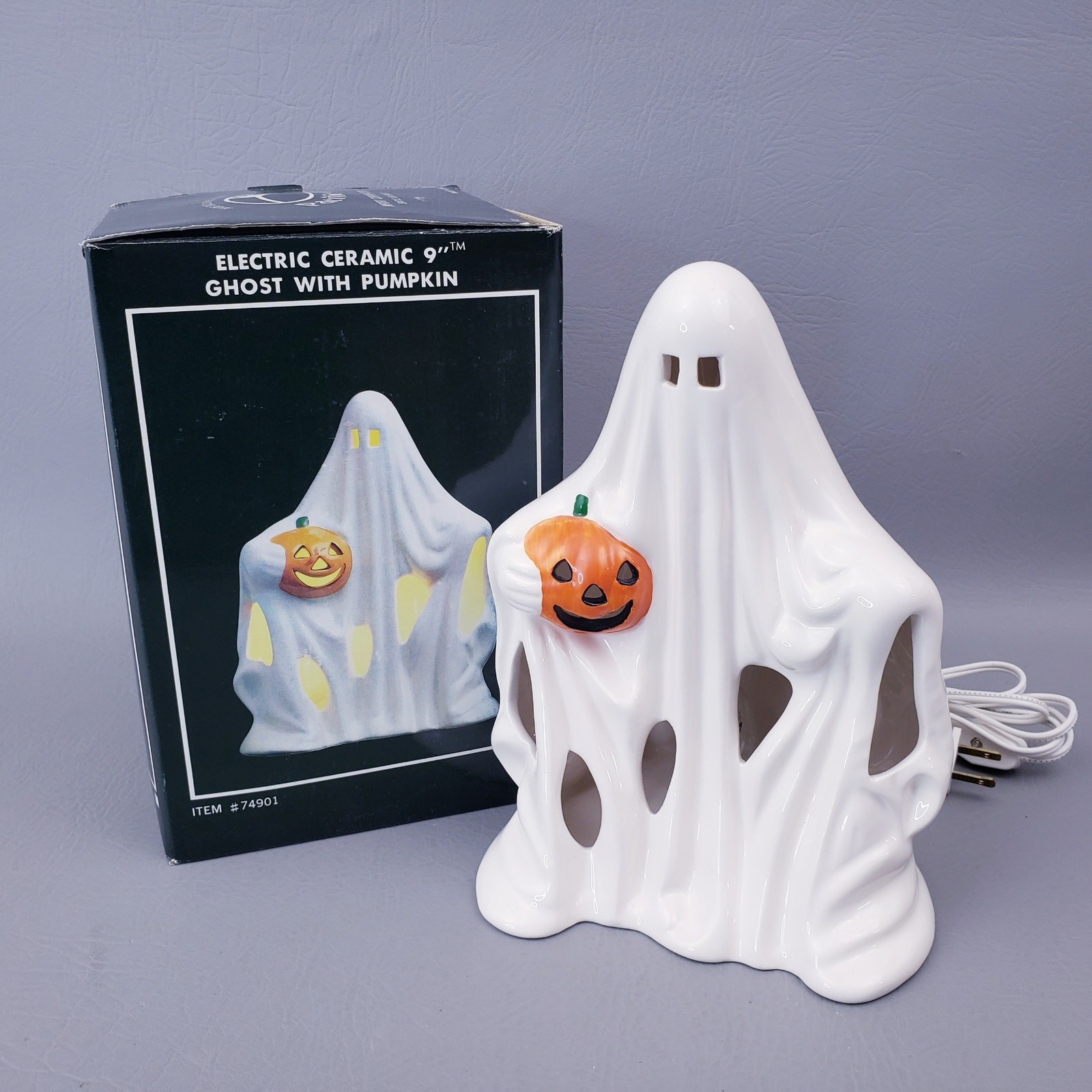VTG 1991 Ghost Light Up Figurine Halloween Ceramic w/ Pumpkin 9