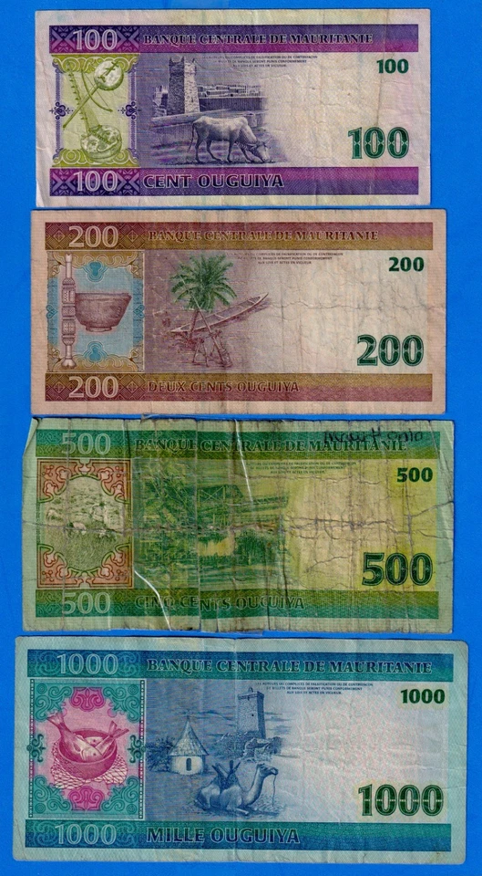 Mauritania Set 100 to 1000 Ouguiya 2004-2006  P- 10b,11b,12a,13a - 4 Circ Notes - Image 2 of 4