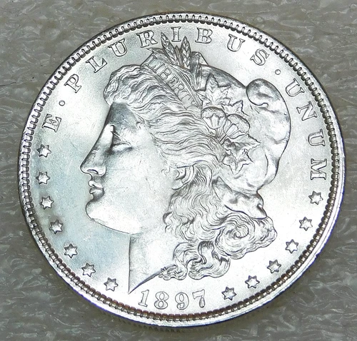 1897 P Morgan Silver Dollar BU Frosty Bright coin in saflip #K424