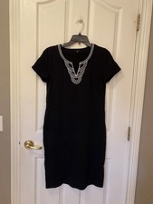 Talbots Black Knit Sheath Dress White Embroidered Split Neck Short Sleeve Size S