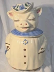 RARE! Shawnee Winnie Pig Cookie Jar w/ Blue Collar & Flowers USA Pottery VTG