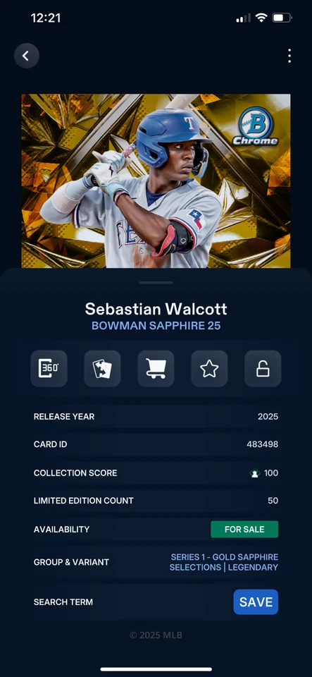 DIGITAL Topps Bunt Bowman Sapphire 25 Sebastian Walcott Gold Sapphire 50cc - Image 2 of 2