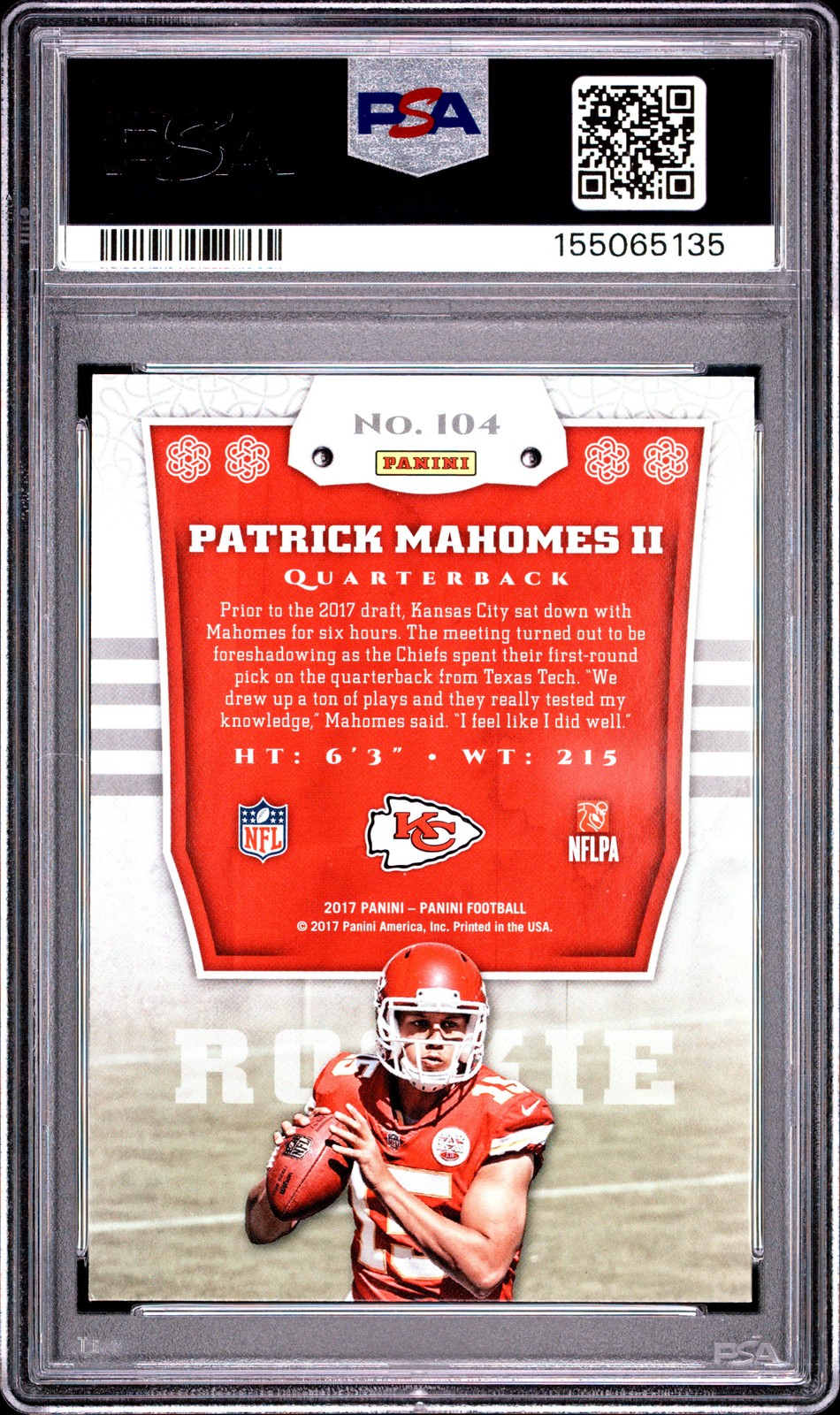 2017 Panini # 104 Patrick Mahomes II Rookie PSA 8 NM - MT TheVintageCards view 2