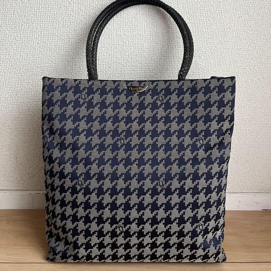 Christian Dior Navy Houndstooth Canvas Logo Tote Handbag