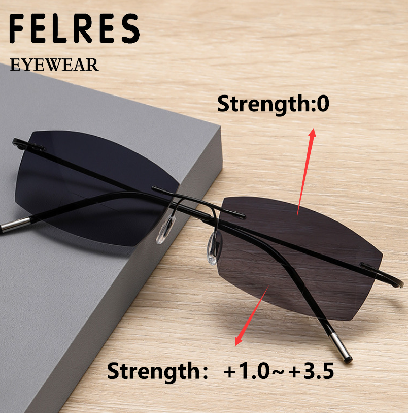 Rimless Metal Alloy Bifocal Tinted Reading Glasses For Men Square Sunglasses