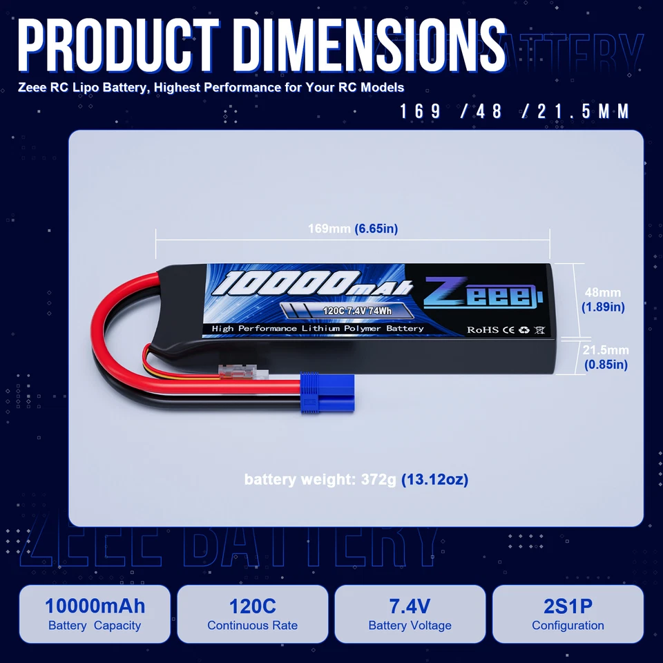 Zeee 2S Lipo Akku 10000mAh 7.4V 120C EC5 softcase für RC Auto Truck Flugzeug FPV - Bild 3 von 4