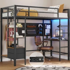 Black Loft Bed Twin Size with Desk Charging Station Led Lights Storage Shelves