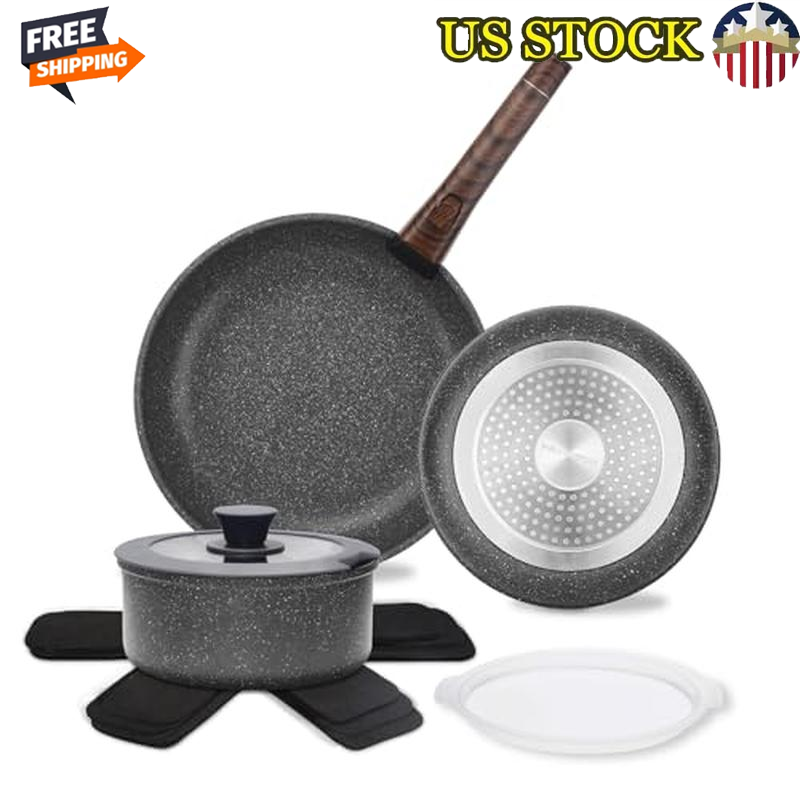 9PCS Granite Coating Nonstick Pots/Pans Induction Cookware Set Removable Handle
