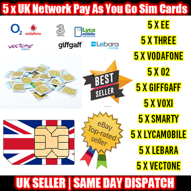 5 x UK Network Pay As You Go Sim Cards Three O2 VOXI EE Giffgaff Vodafone Lot 5 x UK Network Pay As You Go Sim Cards Three O2 VOXI EE Giffgaff Vodafone Lot